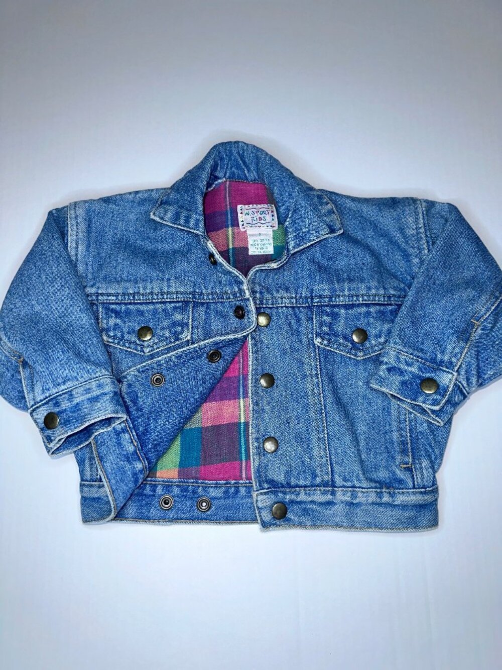 Vintage N SPORT KIDS Blue Denim Jean Jacket 2T plaid lining 90s
